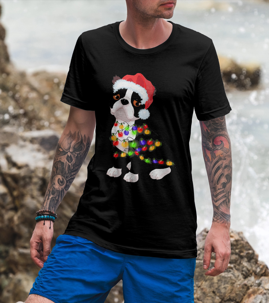 Boston Terrier Christmas Lights Santa Hat T-Shirt
