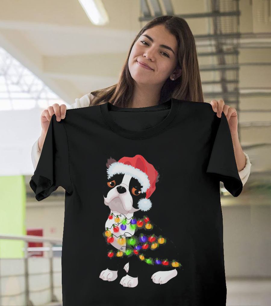 Boston Terrier Christmas Lights Santa Hat T-Shirt