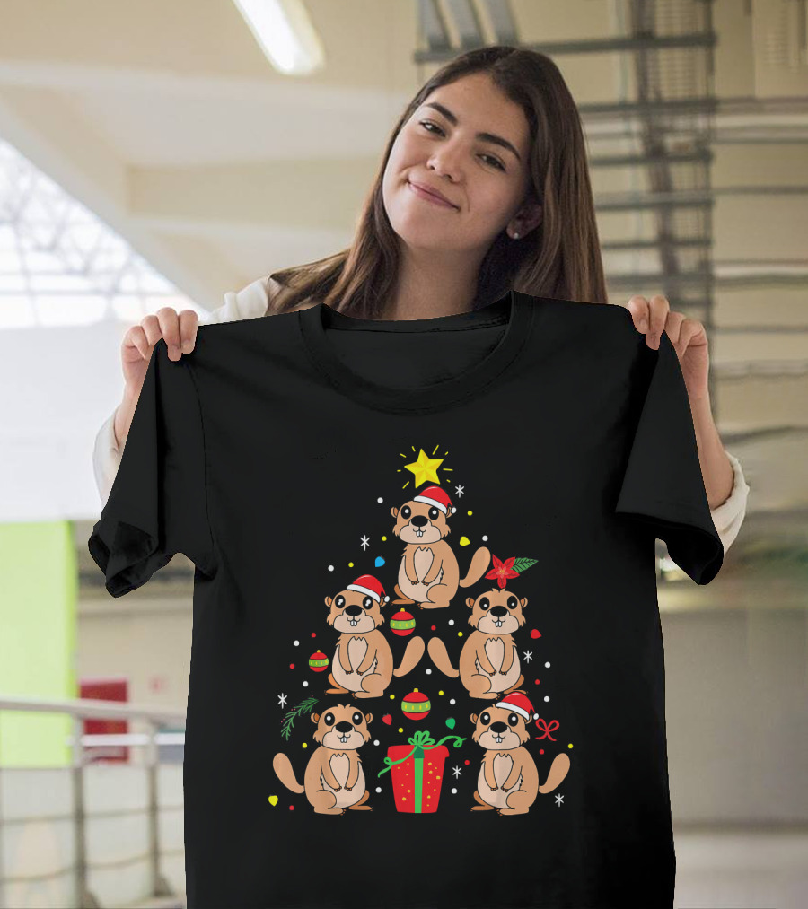 Groundhog Christmas Ornament Tree With Santa Hats And Gift T-Shirt