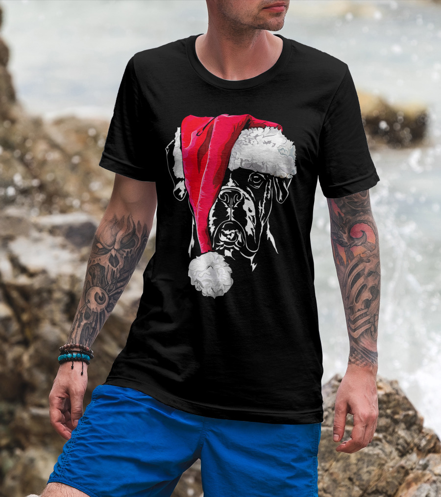 Funny Boxer Dog With Santa Hat Christmas T-Shirt