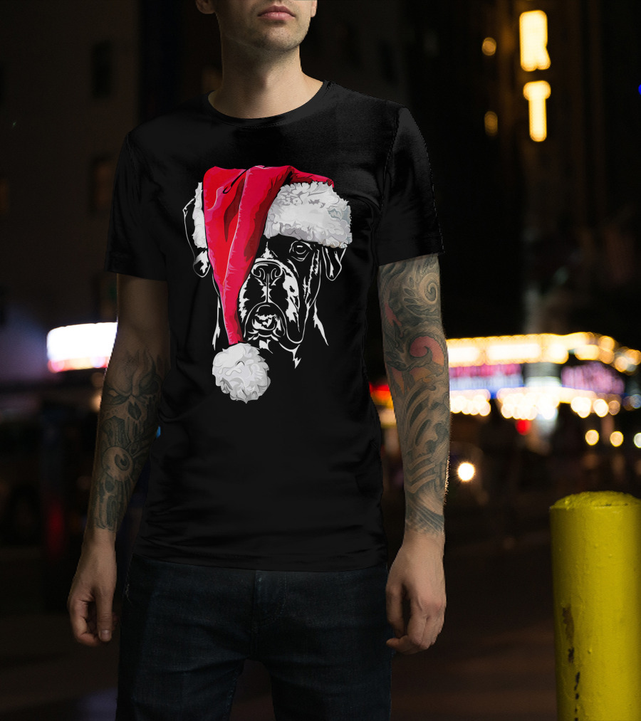 Funny Boxer Dog With Santa Hat Christmas T-Shirt