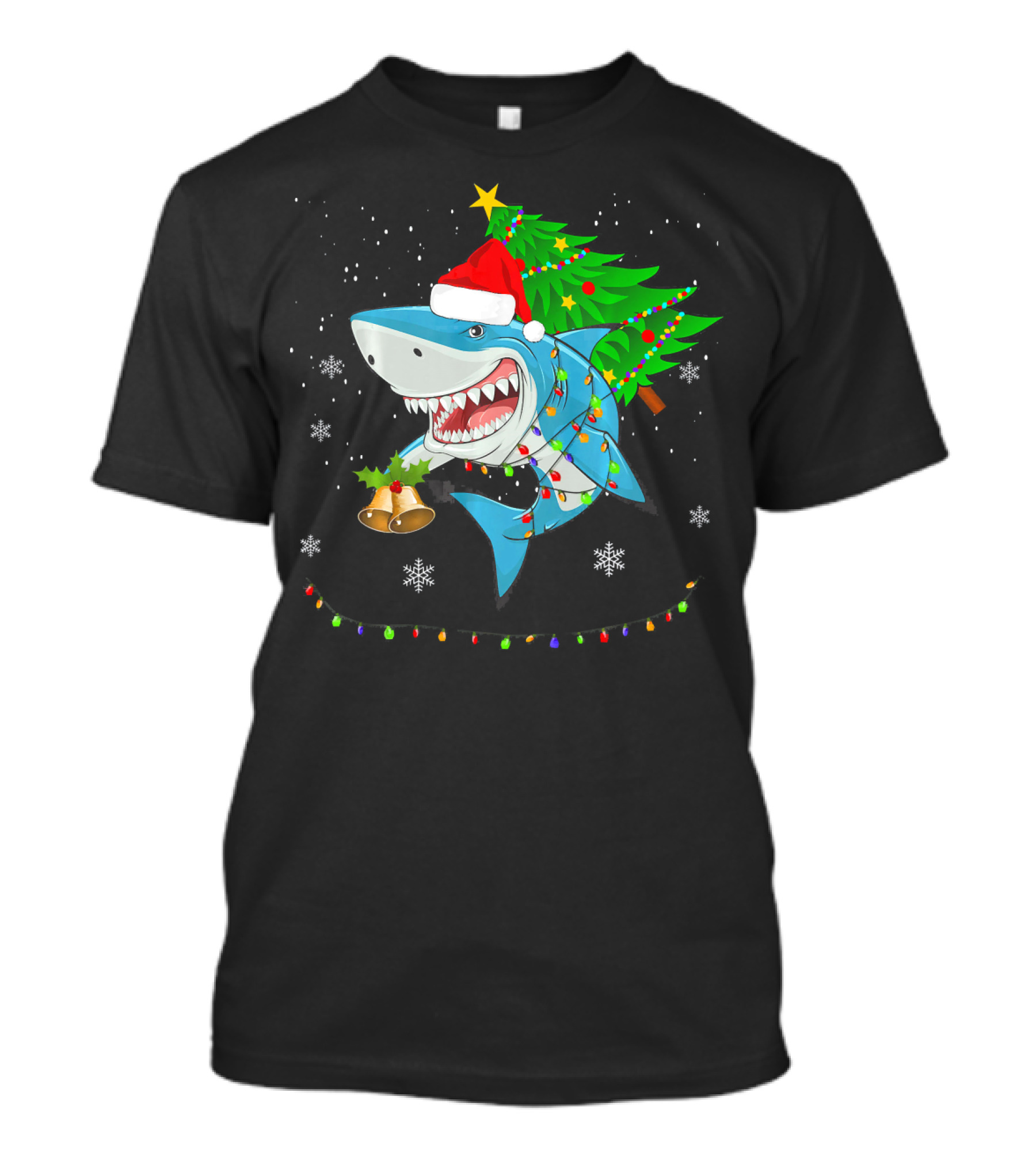Shark Christmas Tree Santa Hat Holiday Lights Snowflakes T-Shirt