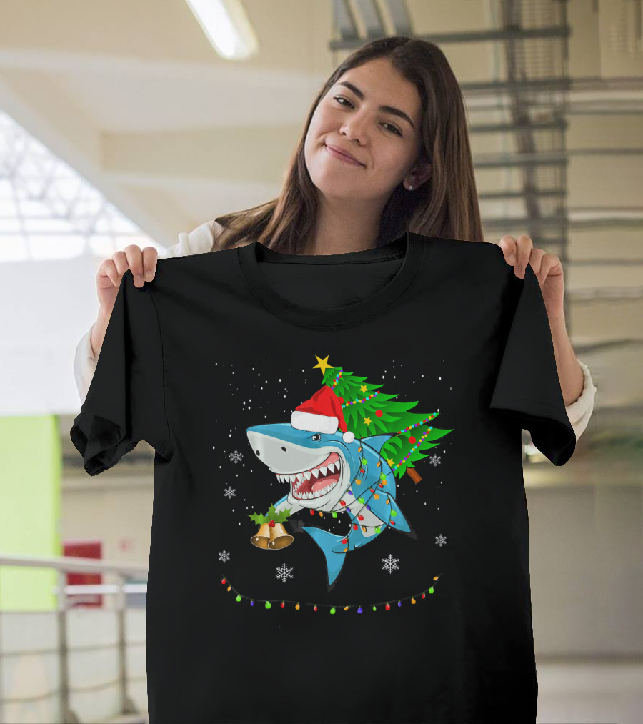 Shark Christmas Tree Santa Hat Holiday Lights Snowflakes T-Shirt