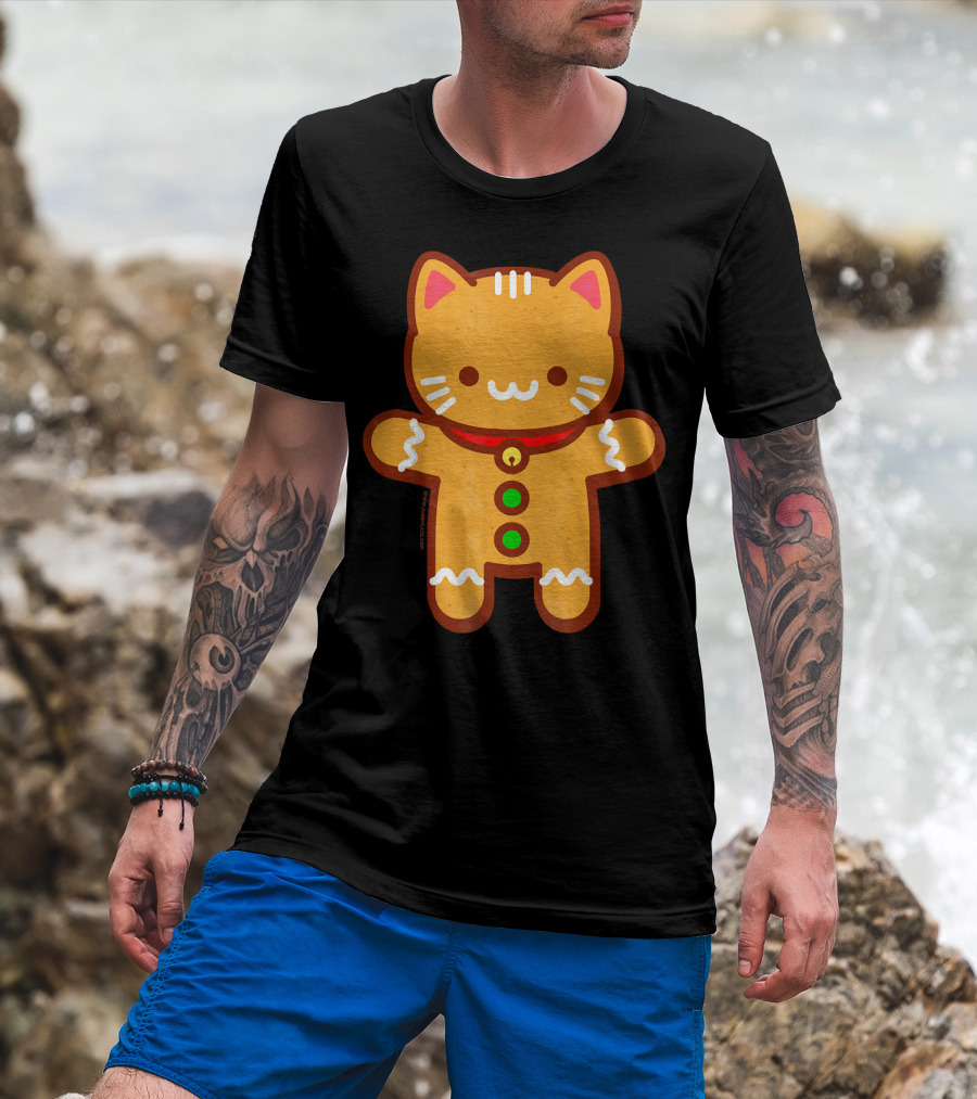 Cute Gingerbread Cat With Whiskers And Red Collar T-Shirt