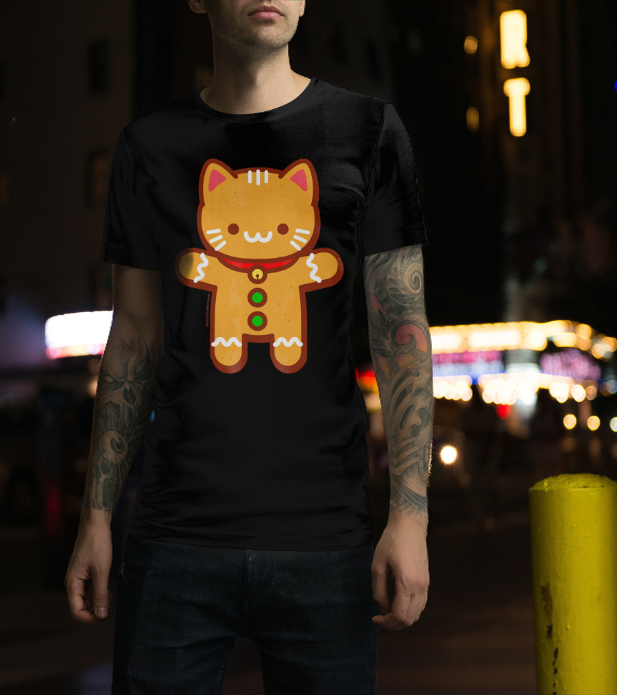 Cute Gingerbread Cat With Whiskers And Red Collar T-Shirt