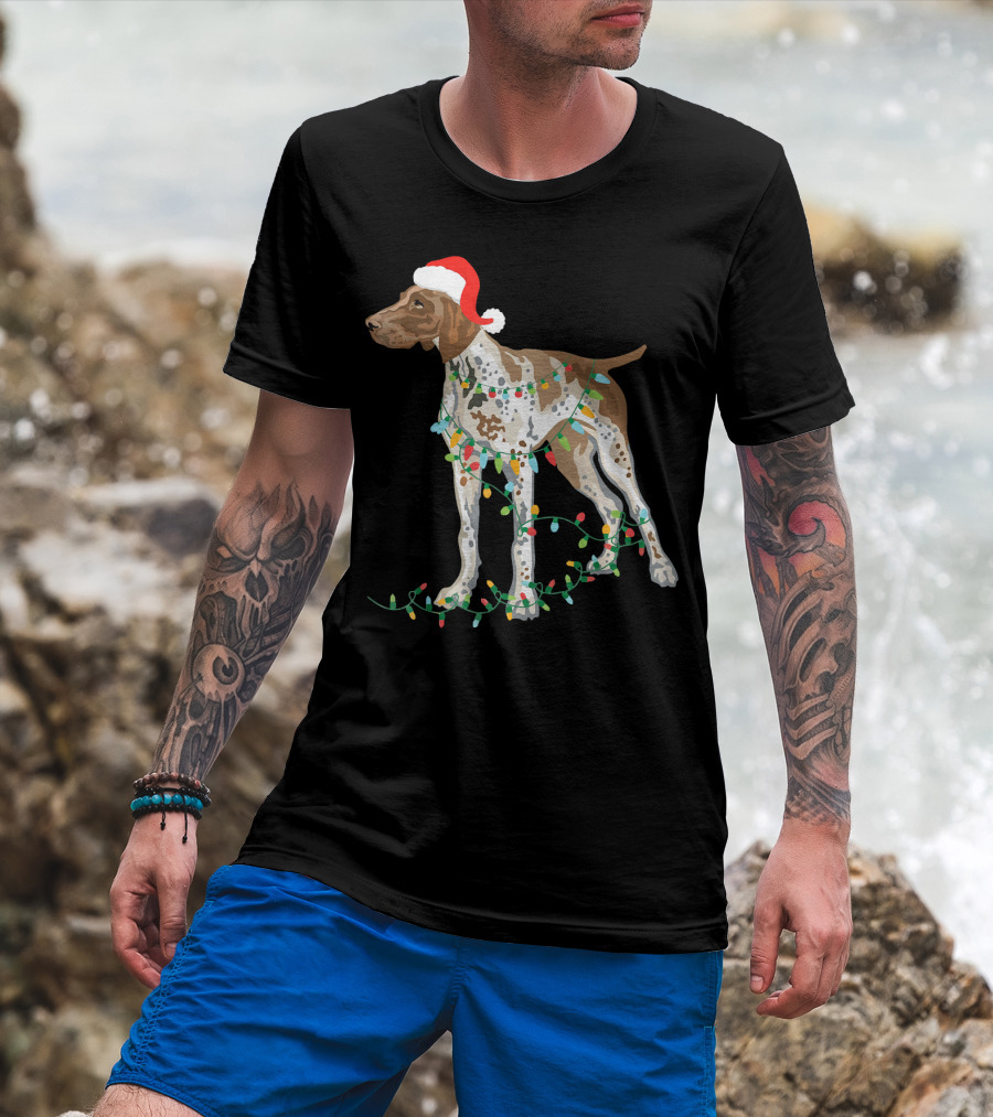 German Shorthaired Pointer Wearing Santa Hat With Christmas Lights Entwined T-Shirt