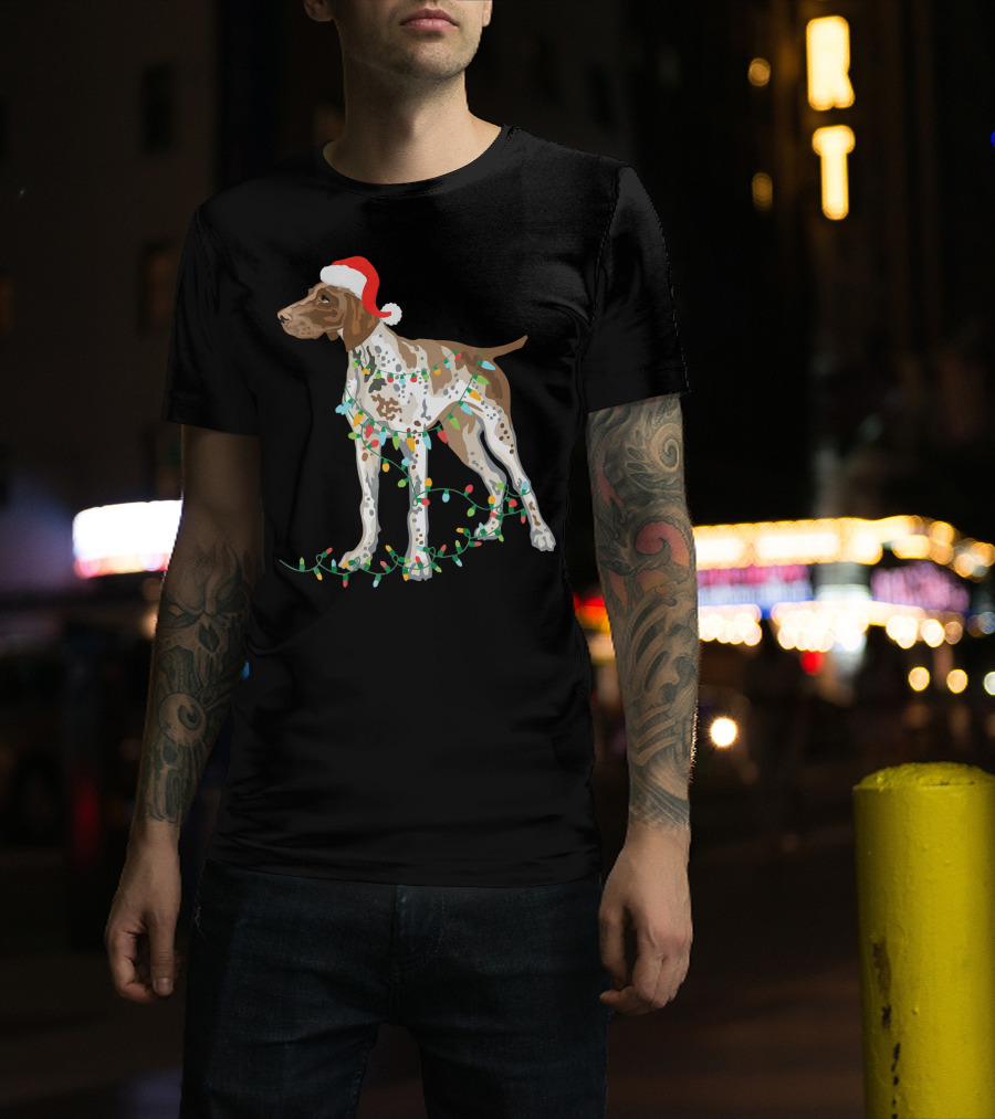 German Shorthaired Pointer Wearing Santa Hat With Christmas Lights Entwined T-Shirt