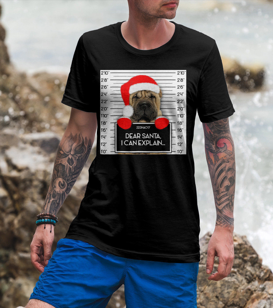 Xmas Chinese Shar Pei Lover Dear Santa I Can Explain Mugshot Santa Hat T-Shirt