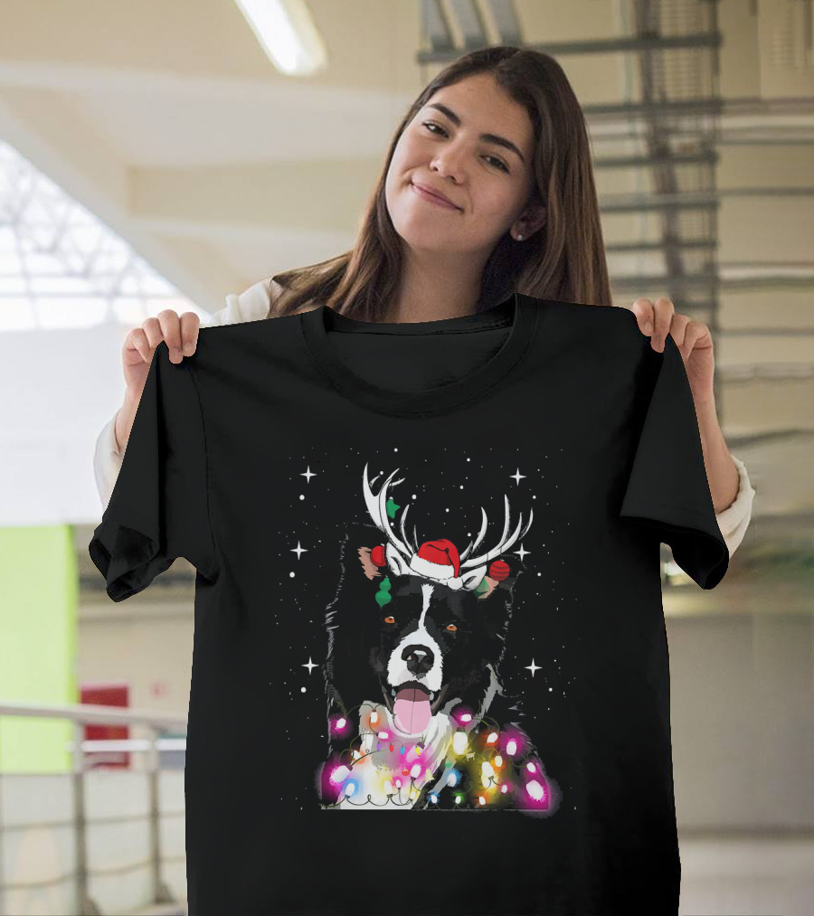 Border Collie in Santa Hat with Reindeer Antlers and Christmas Lights T-Shirt