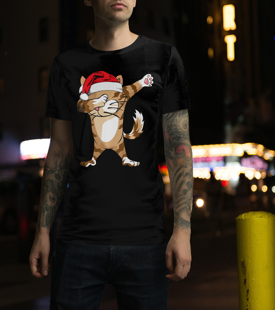 Santa Hat Dabbing Cat Christmas Holiday Fun T-Shirt