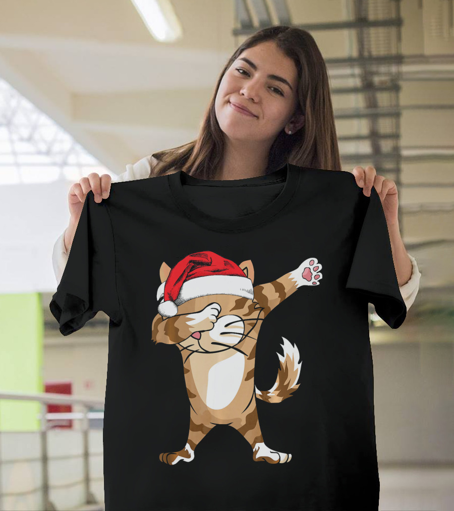 Santa Hat Dabbing Cat Christmas Holiday Fun T-Shirt
