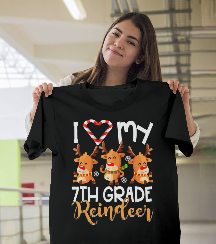 I Love My 7th Grade Reindeer Christmas Candy Cane Snowflakes T-Shirt