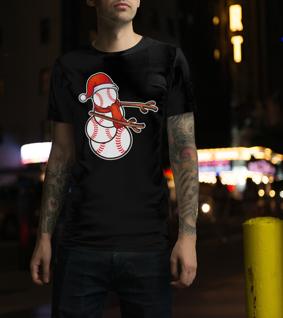 Santa Hat Snowman Made Of Baseballs Flossing T-Shirt