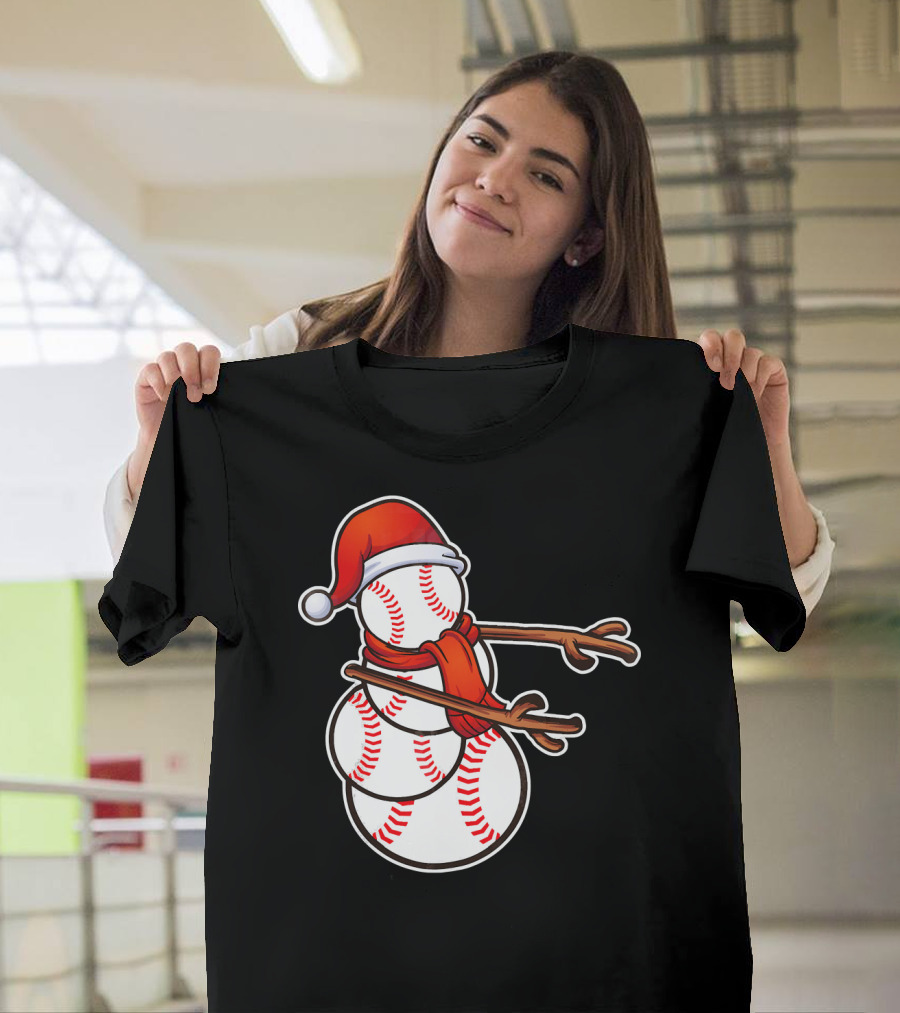 Santa Hat Snowman Made Of Baseballs Flossing T-Shirt
