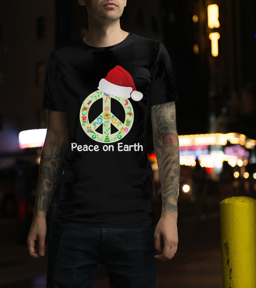 Peace On Earth Santa Hat Christmas Peace Sign T-Shirt