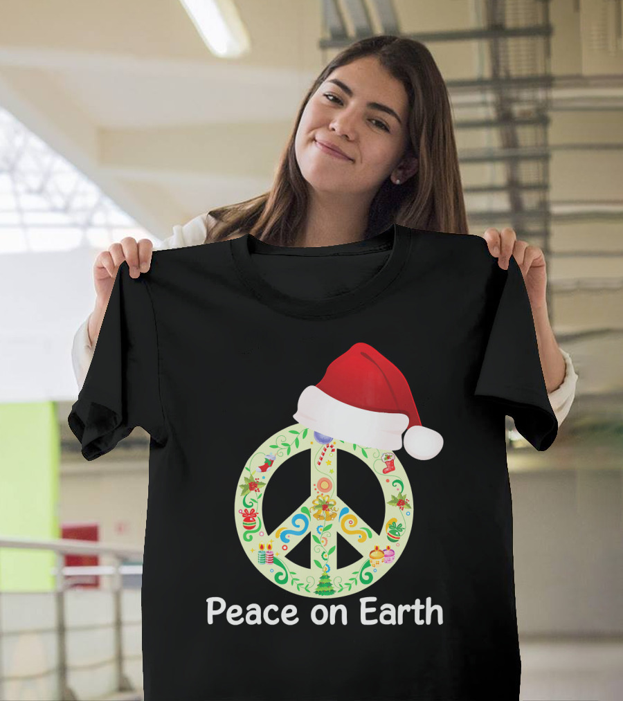 Peace On Earth Santa Hat Christmas Peace Sign T-Shirt