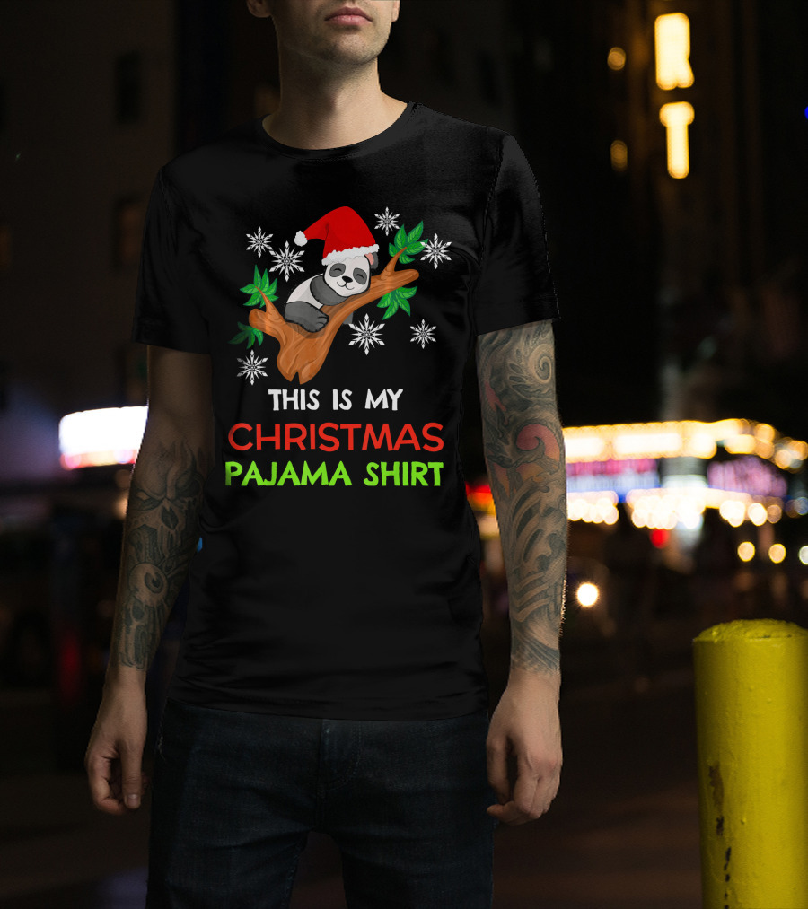 This Is My Christmas Pajama Shirt Panda Santa Hat Snowflakes T-Shirt