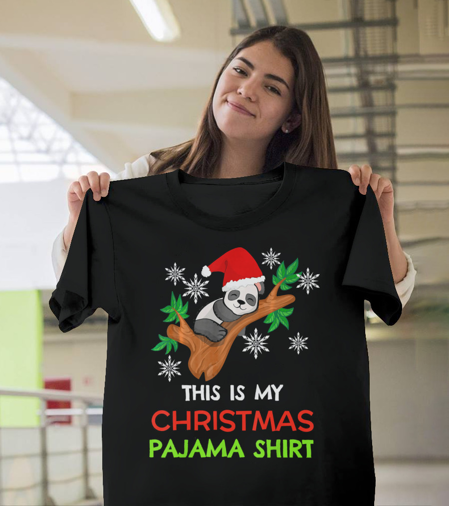 THIS IS MY CHRISTMAS PAJAMA SHIRT PANDA SANTA HAT SNOWFLAKES T-Shirt