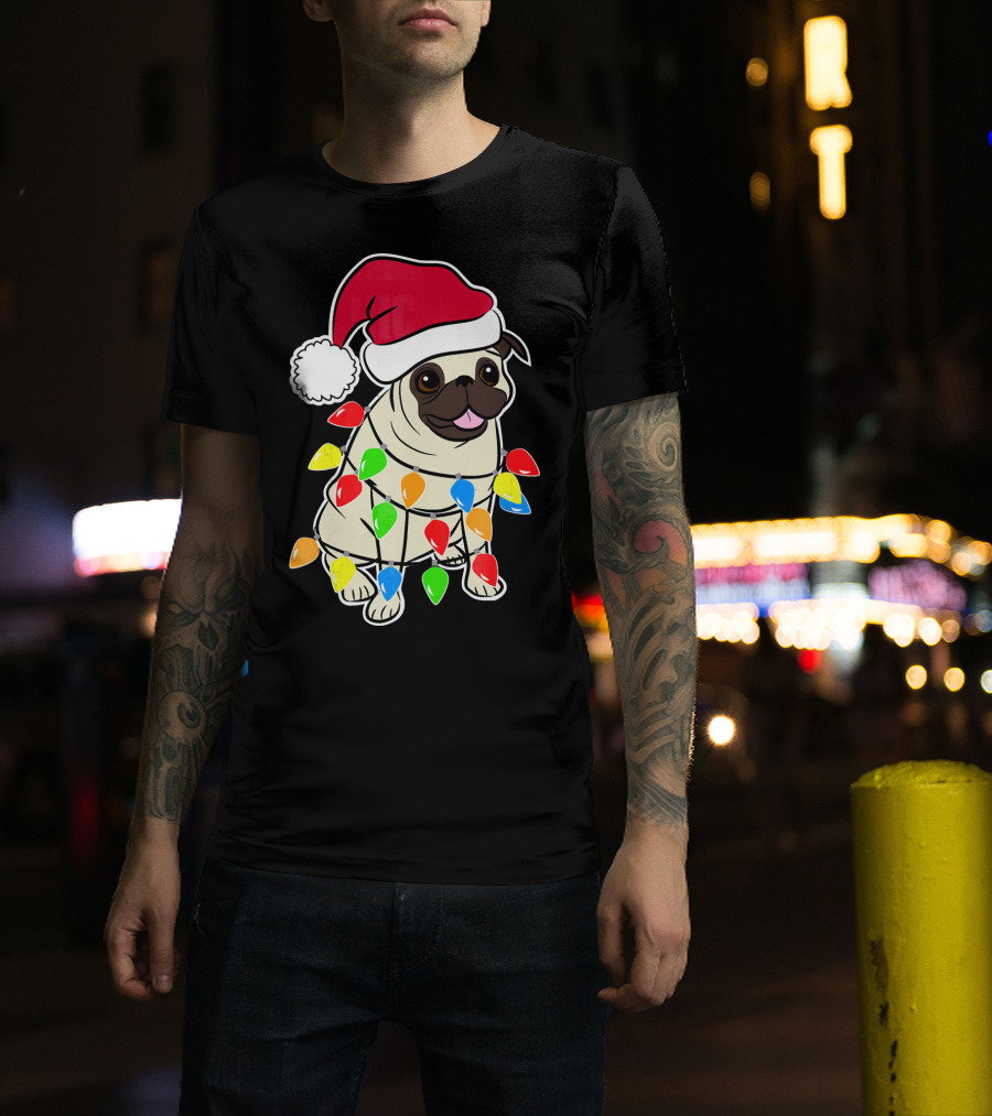 Christmas Pug Santa Pug With Festive Lights And Santa Hat T-Shirt