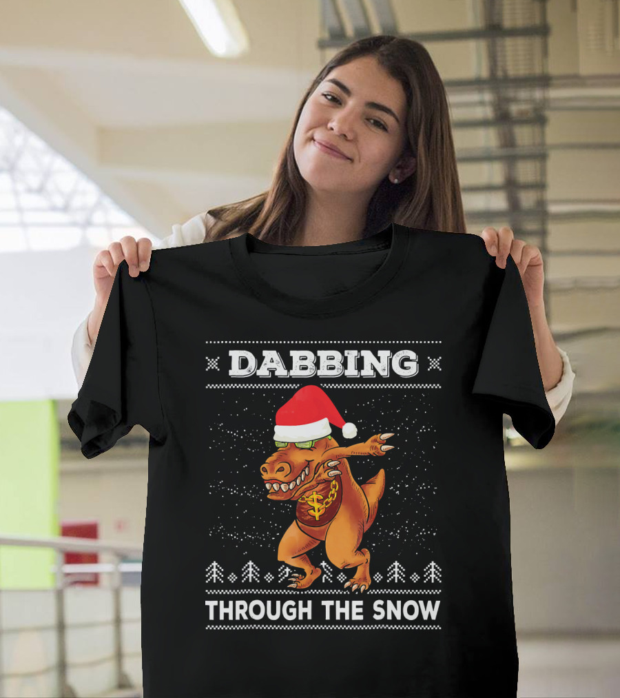 Dabbing T-Rex Through The Snow Santa Hat Ugly T-Shirt