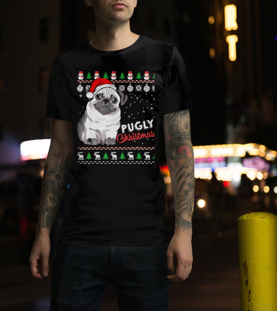Pugly Christmas Santa Hat Snowflakes Ugly T-Shirt