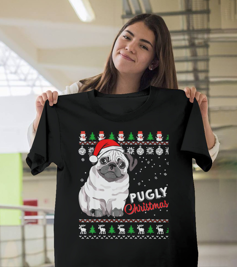 Pugly Christmas Santa Hat Snowflakes Ugly T-Shirt