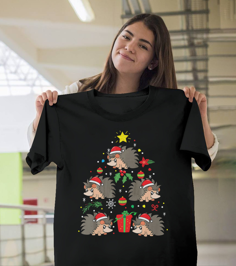 Santa Hat Hedgehog Christmas Tree with Ornaments and Gift T-Shirt