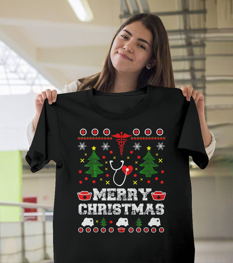 MERRY CHRISTMAS Nurse Ugly Stethoscope and Medical Symbols T-Shirt