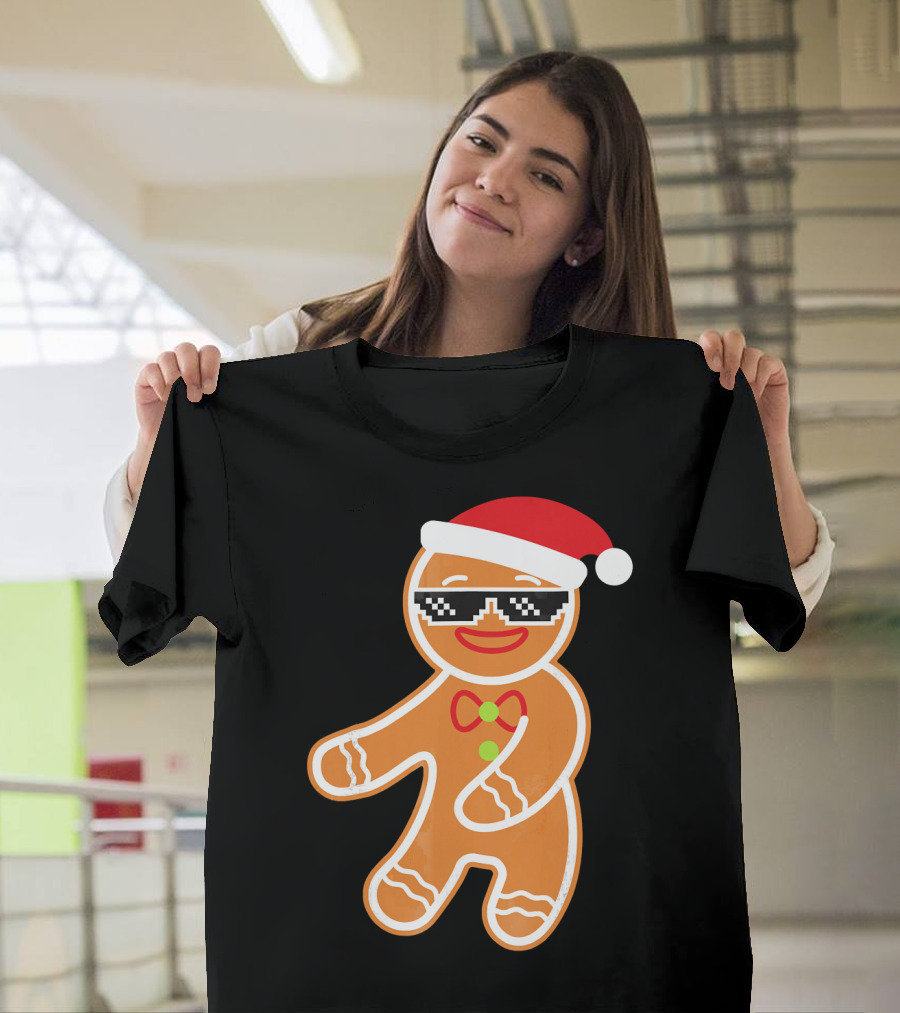 Flossing Gingerbread with Santa Hat and Sunglasses T-Shirt