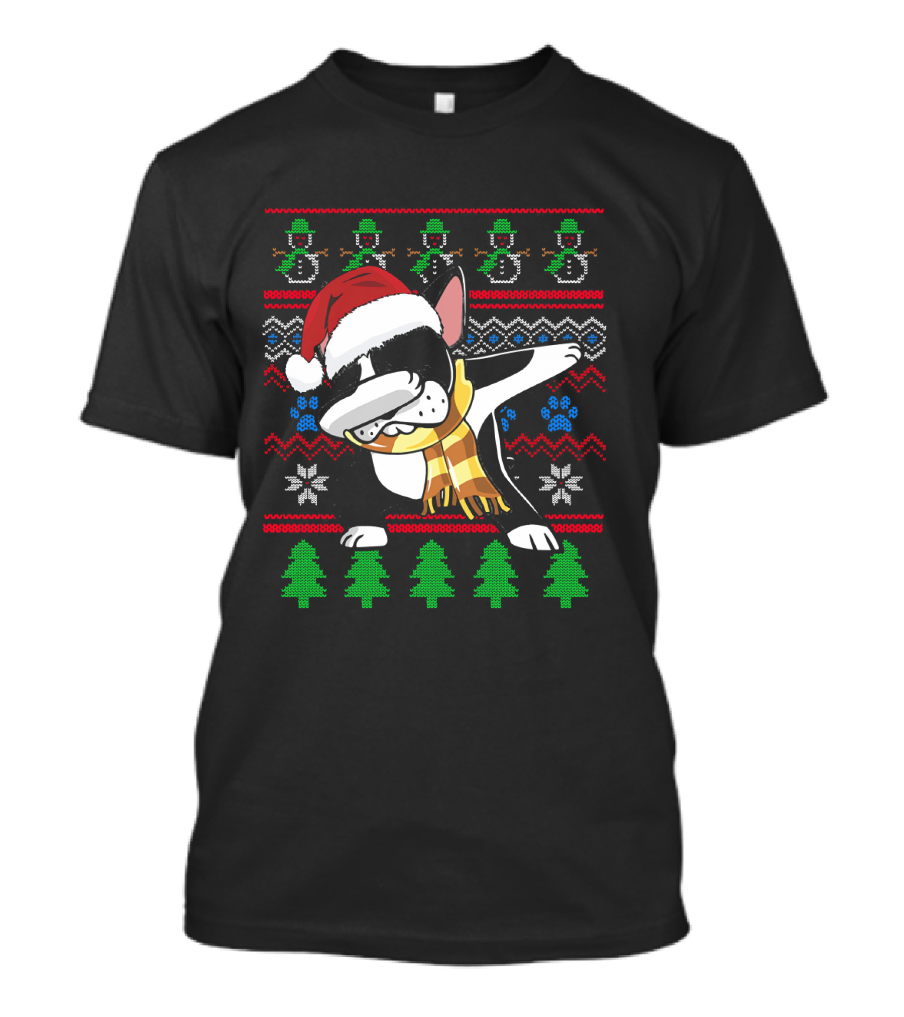 Boston Terrier Dabbing Santa Hat UglyStyl Christmas Sweater Snowmen Trees T-Shirt