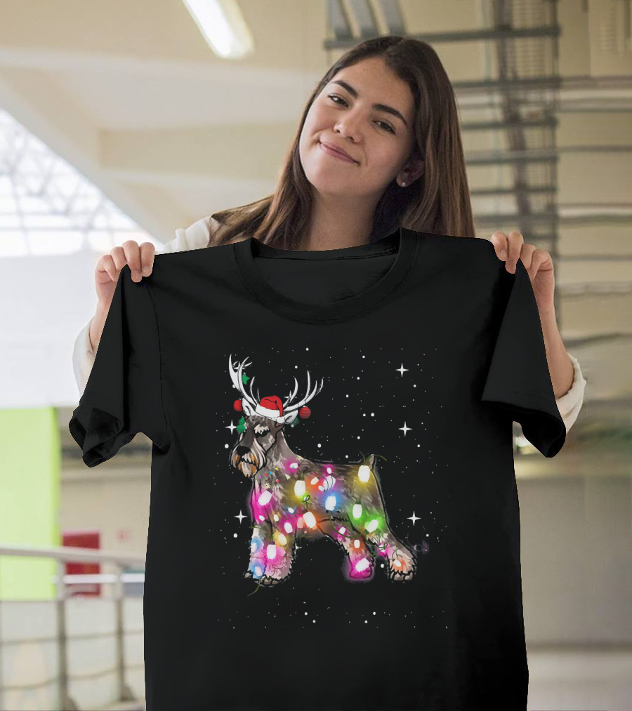 Festive Christmas Lights Standard Schnauzer with Santa Hat and Reindeer Antlers T-Shirt