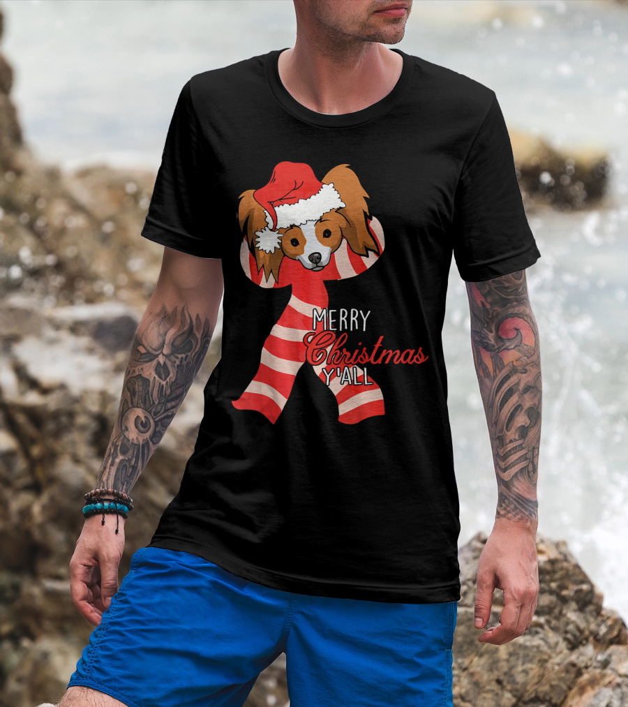 Papillon Dog Merry Christmas Y'all Santa Hat Striped T-Shirt