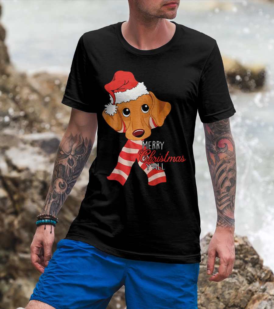 Merry Christmas Y'all Dachshund Dog Wearing Santa Hat And Striped Scarf T-Shirt
