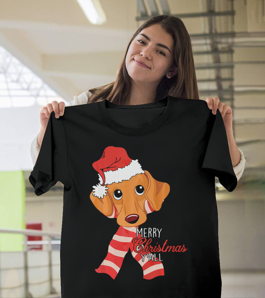 Merry Christmas Y'all Dachshund Dog Wearing Santa Hat And Striped Scarf T-Shirt