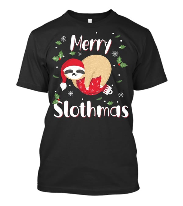 Merry Slothmas Christmas Sloth Holiday Festive Santa Hat Snowflakes T-Shirt