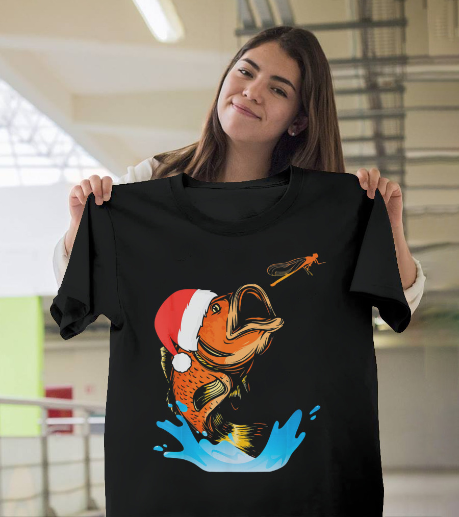 Bass Fishing Santa Hat Splashing Christmas Fish T-Shirt