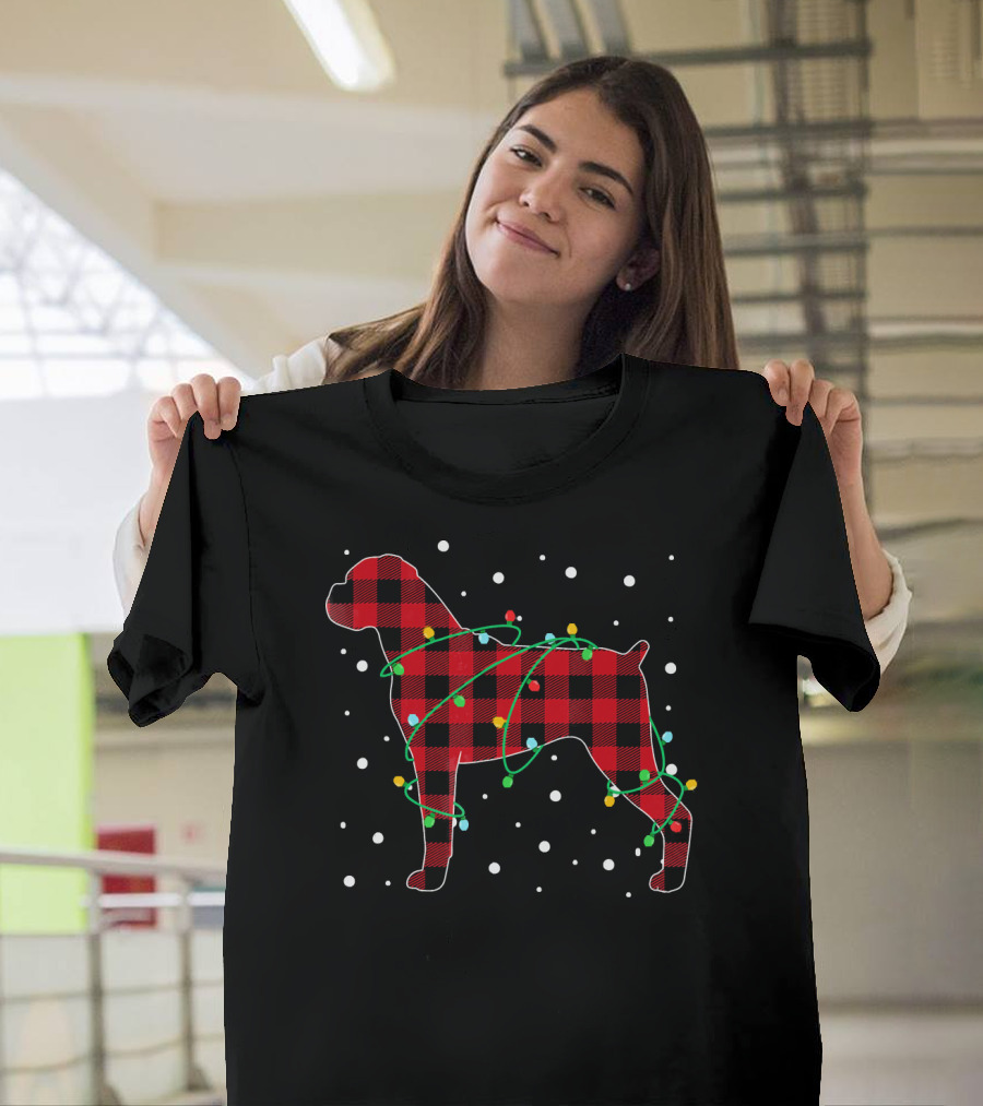 Red Plaid Boxer with Christmas Lights and Snowflakes T-Shirt