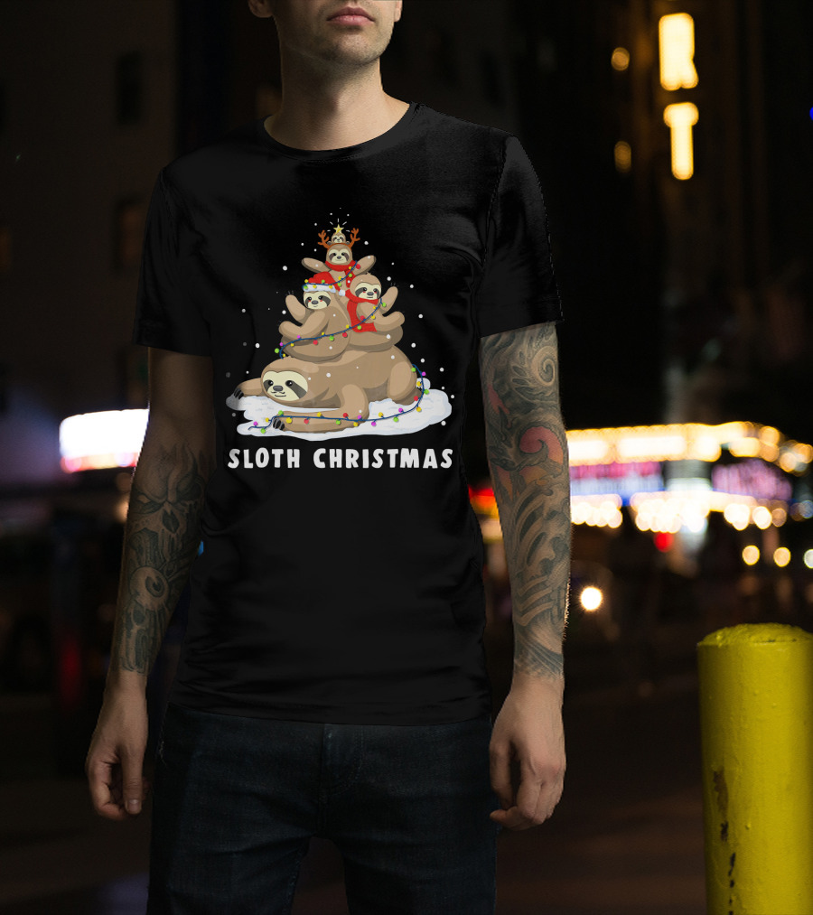 Sloth Christmas Tree With Reindeer And Santa Hats T-Shirt
