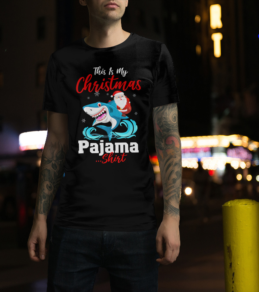 This Is My Christmas Pajama Shirt Santa Riding Shark T-Shirt
