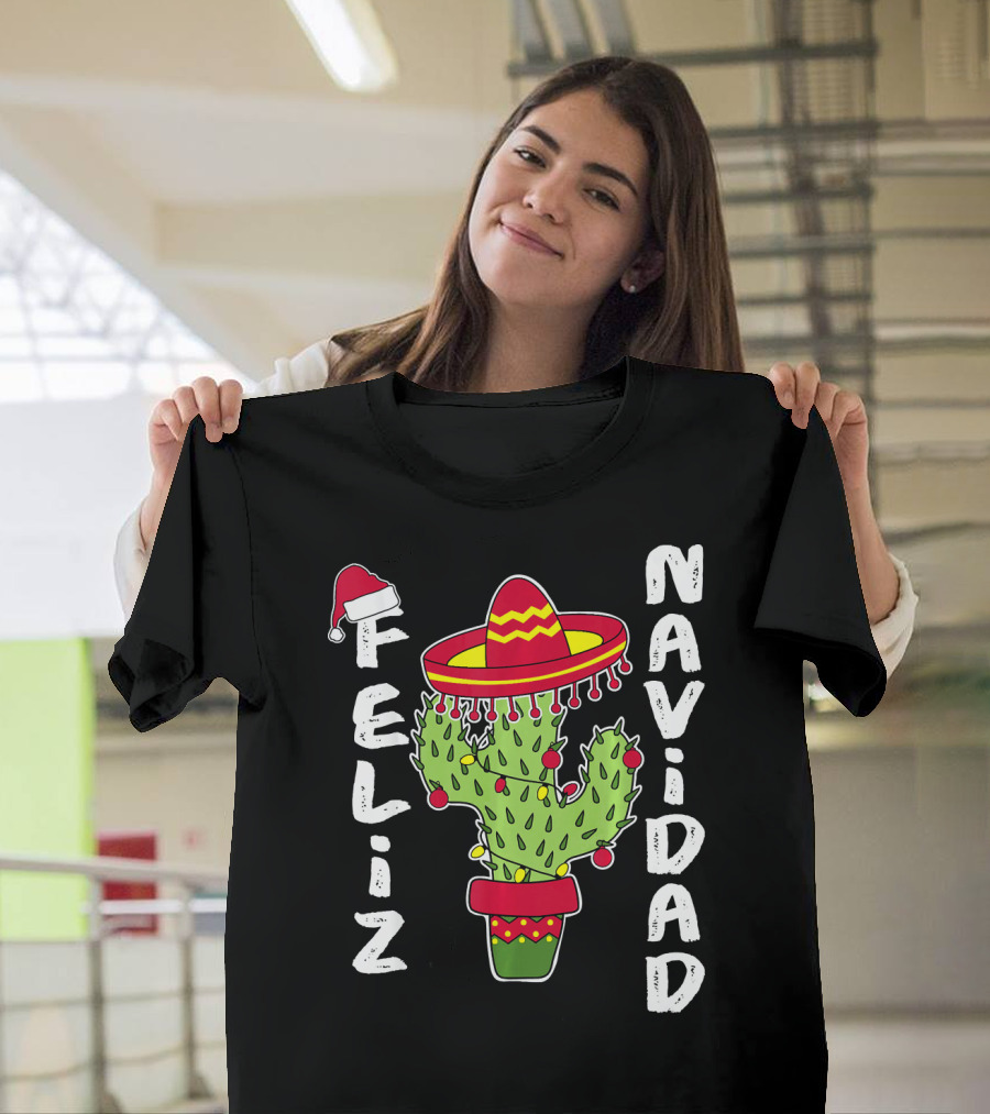 Feliz Navidad Cactus with Santa Hat and Sombrero Holiday Spirit T-Shirt