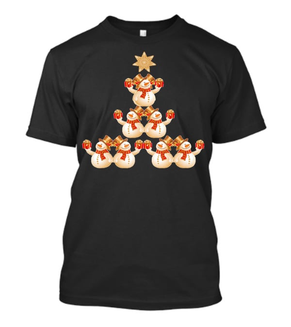 Snowman Pyramid Christmas Tree With Star And Red Gift Boxes T-Shirt