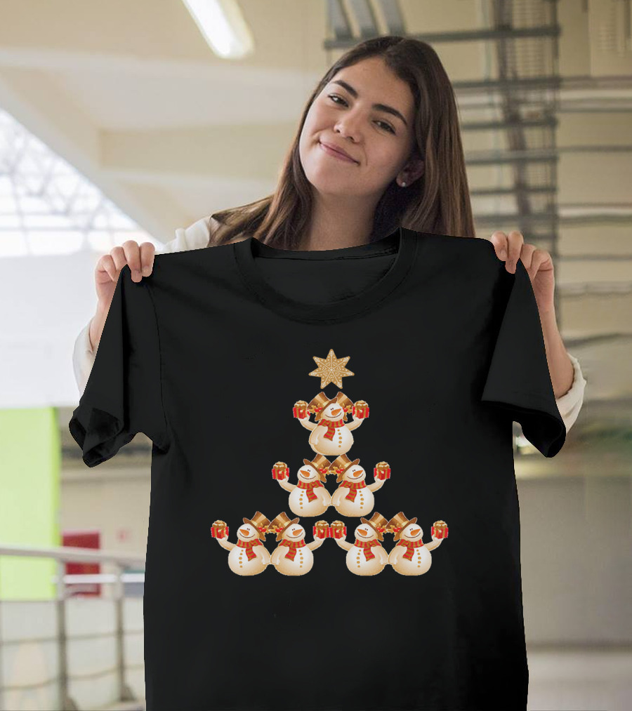 Snowman Pyramid Christmas Tree With Star And Red Gift Boxes T-Shirt