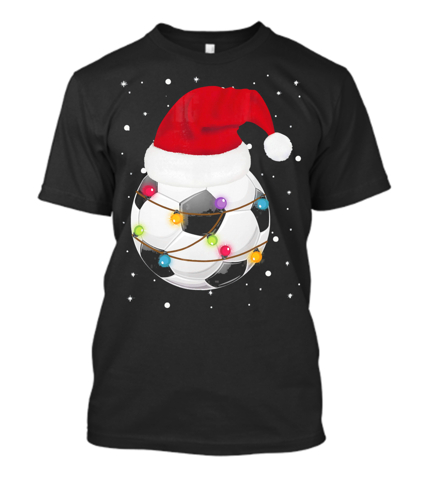 Santa Hat Soccer Ball Wrapped In Christmas Lights With Falling Snow T-Shirt