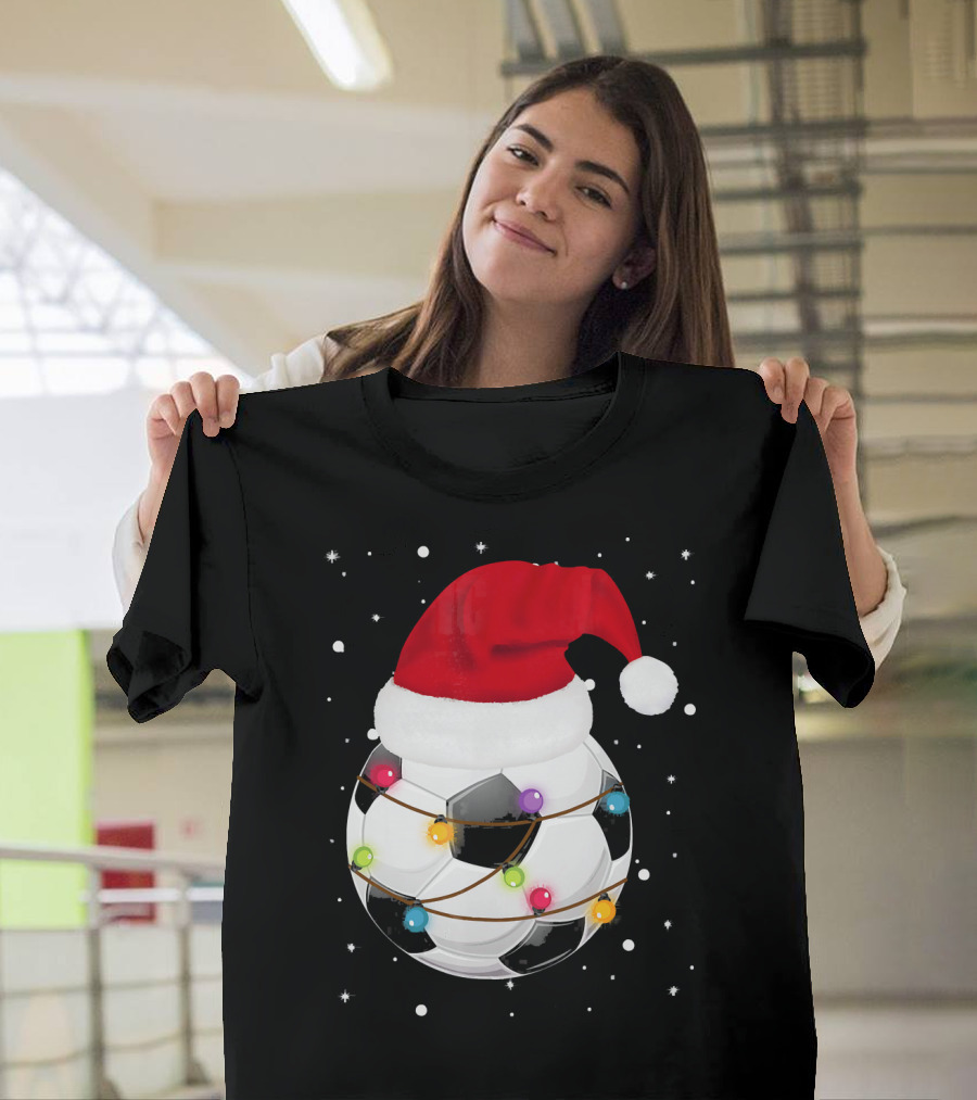 Santa Hat Soccer Ball Wrapped In Christmas Lights With Falling Snow T-Shirt
