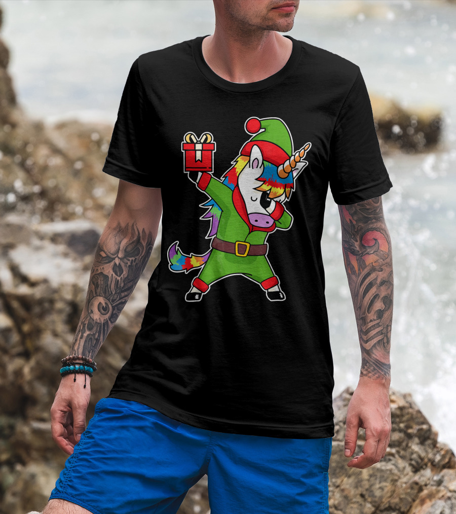Christmas Dabbing Unicorn Elf With Rainbow Mane And Gift Box T-Shirt
