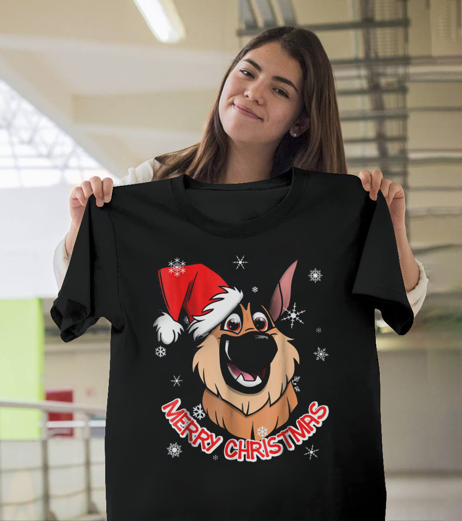 Merry Christmas GSD Smiling Santa Hat Snowflakes T-Shirt