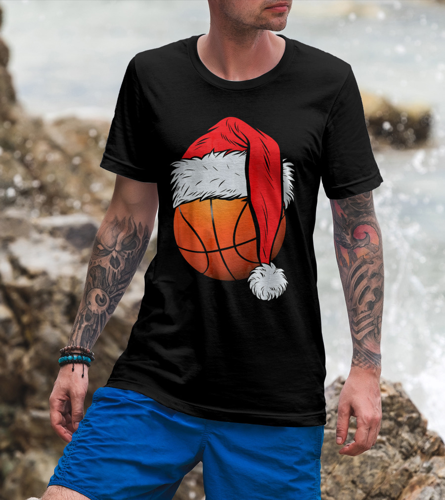 Christmas Santa Hat On Basketball Ball T-Shirt