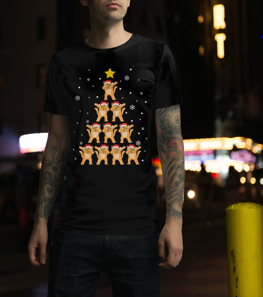 Christmas Tree Dabbing Cats With Santa Hats And Snowflakes T-Shirt