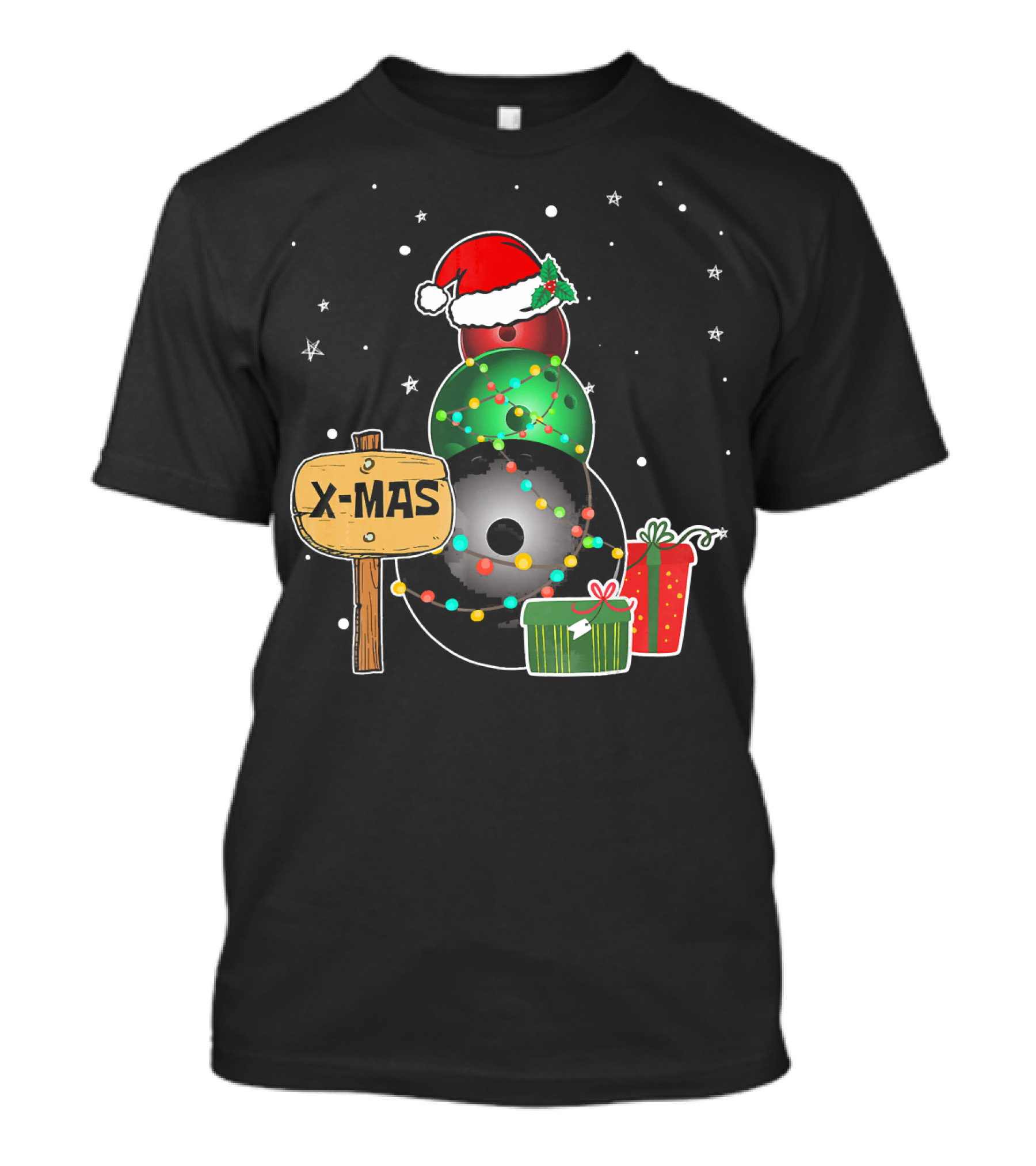 Bowling Snowman Xmas Presents With Santa Hat And Lights T-Shirt
