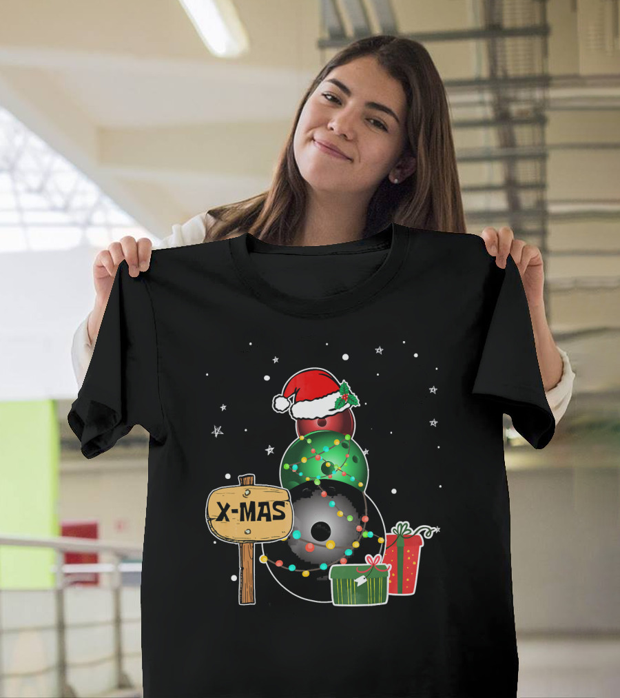 Bowling Snowman Xmas Presents with Santa Hat and Lights T-Shirt